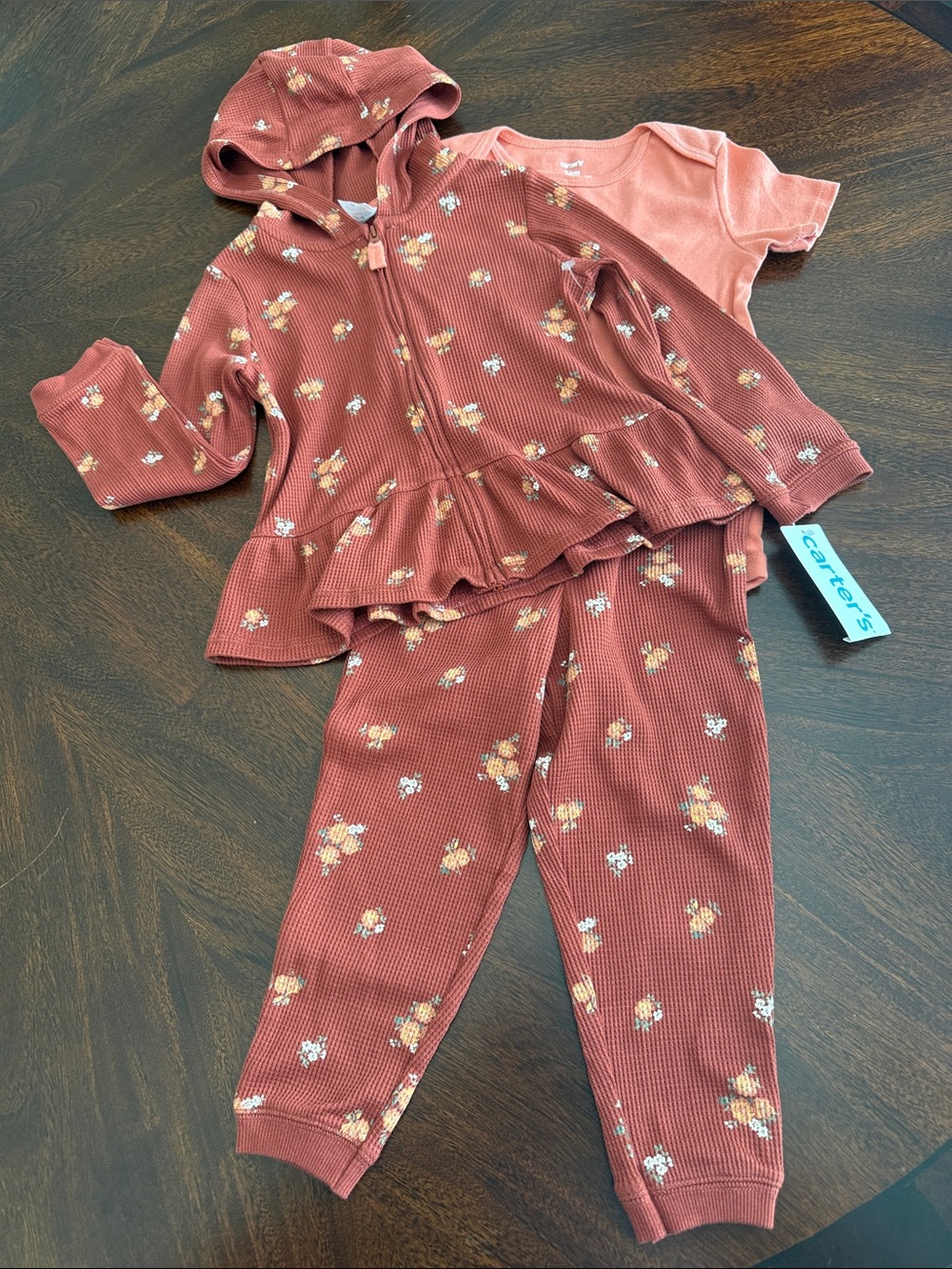 Carter's Rust Floral Hooded Zip Pajama Set with Pink Tee